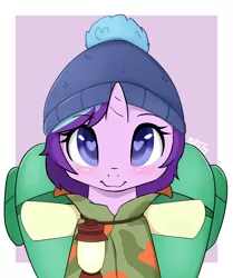 Size: 3755x4500 | Tagged: safe, artist:potzm, derpibooru import, starlight glimmer, pony, unicorn, the mean 6, :3, abstract background, backpack, bag, beanie, blushing, camping outfit, cute, daaaaaaaaaaaw, female, glimmerbetes, hat, heart eyes, high res, lamp, lantern, looking at you, mare, parka, smiling, solo, weapons-grade cute, wingding eyes