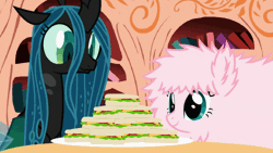 Size: 800x450 | Tagged: safe, artist:mixermike622, derpibooru import, edit, edited screencap, screencap, queen chrysalis, oc, oc:fluffle puff, changeling, changeling queen, earth pony, pony, the mean 6, adorkable, alternate timeline, alternate universe, animated, canon, canon x oc, chrysipuff, comparison, cute, cutealis, disgusted, dork, dorkalis, everfree forest, eye twitch, faic, fanon, female, flufflebetes, food, gif, golden oaks library, happy, lesbian, mare, open mouth, sandwich, self paradox, self ponidox, shipping, shocked, silly, smiling, subversion, traumatized, trio