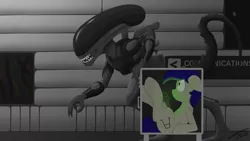 Size: 2560x1440 | Tagged: safe, artist:platenjack, derpibooru import, oc, oc:platen, unofficial characters only, alien, pony, xenomorph, 2010s, 2018, alien: isolation, blue mane, blue tail, claws, crossover, duo, duo male, floppy ears, image, male, png, prehensile tail, sharp teeth, teeth