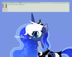 Size: 1500x1200 | Tagged: safe, artist:sugaryicecreammlp, derpibooru import, princess luna, alicorn, pony, ask nebula luna, alternate design, ask, blue background, deviantart, digital art, female, mare, simple background, solo