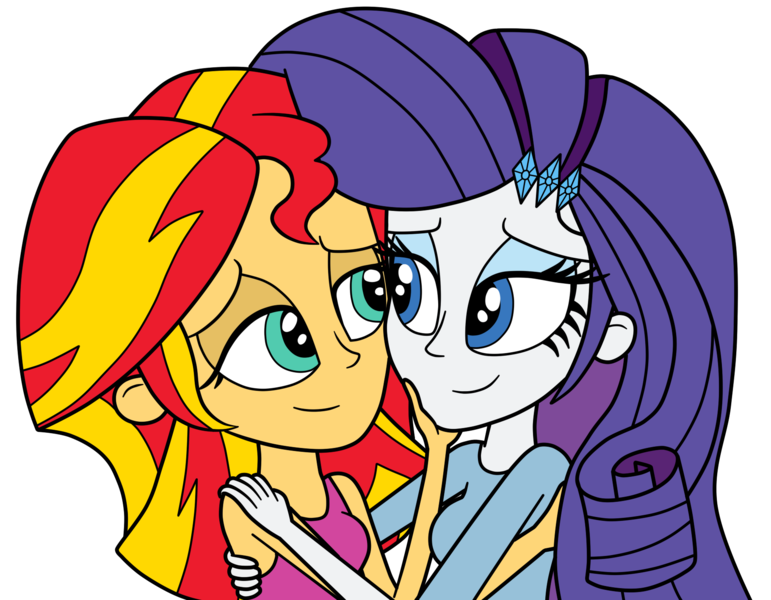 Size: 1821x1417 | Tagged: safe, artist:eagc7, derpibooru import, rarity, sunset shimmer, human, equestria girls, bedroom eyes, clothes, duo, female, hand, hug, lesbian, looking at each other, shipping, simple background, sleeveless, sunsarity, tanktop, transparent background