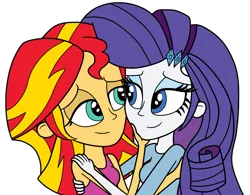 Size: 1821x1417 | Tagged: safe, artist:eagc7, derpibooru import, rarity, sunset shimmer, human, equestria girls, bedroom eyes, clothes, duo, female, hand, hug, lesbian, looking at each other, shipping, simple background, sleeveless, sunsarity, tanktop, transparent background