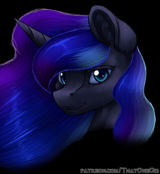 Size: 1024x1116 | Tagged: alicorn, artist:thatonegib, black background, derpibooru import, ethereal mane, horn, livestream, looking at you, patreon, patreon link, princess luna, safe, simple background, solo