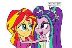Size: 2592x1716 | Tagged: safe, artist:eagc7, derpibooru import, aria blaze, sunset shimmer, equestria girls, rainbow rocks, bare shoulders, bedroom eyes, clothes, dialogue, female, imminent kissing, lesbian, shipping, simple background, sleeveless, strapless, sunblaze, text, transparent background