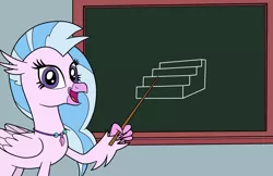 Size: 2237x1449 | Tagged: artist:eagc7, chalkboard, classroom, derpibooru import, female, hippogriff, safe, silverstream, solo, stairs, teacher, that hippogriff sure does love stairs