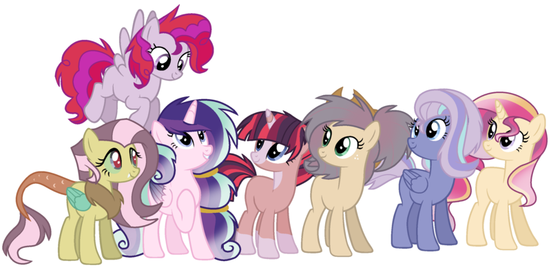 Size: 2876x1408 | Tagged: safe, artist:leanne264, derpibooru import, oc, unofficial characters only, earth pony, hybrid, pegasus, pony, unicorn, female, interspecies offspring, magical lesbian spawn, mare, offspring, parent:applejack, parent:discord, parent:fluttershy, parent:night glider, parent:pinkie pie, parent:princess cadance, parent:princess celestia, parent:rainbow dash, parent:rarity, parent:shining armor, parent:starlight glimmer, parent:sunburst, parent:sunset shimmer, parent:twilight sparkle, parents:discoshy, parents:pinkiedash, parents:rarijack, parents:shiningcadance, parents:sunsestia, parents:twiburst, simple background, transparent background