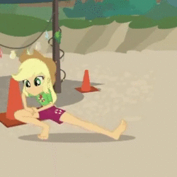 Size: 368x368 | Tagged: safe, derpibooru import, edit, screencap, applejack, equestria girls, equestria girls series, turf war, animated, barefoot, beach, clothes, cone, cropped, dschinghis khan, dschingis khan, exercise, feet, geode of super strength, german, legs, magical geodes, moskau, sand, shorts, solo, sound, stretching, webm