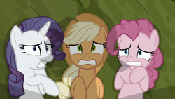 Size: 800x450 | Tagged: animated, clone, derpibooru import, lying, mean applejack, mean pinkie pie, mean rarity, nodding, safe, scared, screencap, shadow, the mean 6