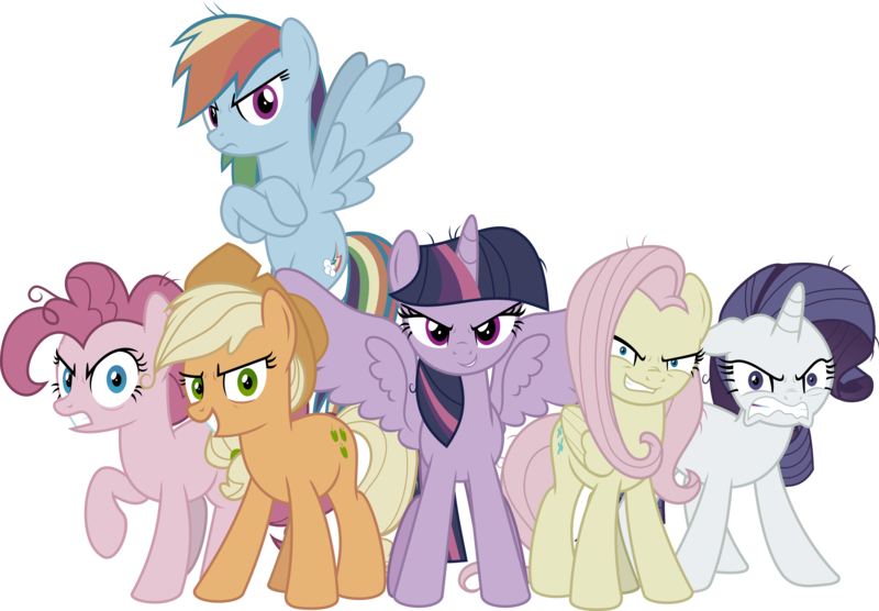 Size: 5303x3684 | Tagged: safe, artist:jhayarr23, derpibooru import, mean applejack, mean fluttershy, mean pinkie pie, mean rainbow dash, mean rarity, mean twilight sparkle, alicorn, earth pony, pegasus, pony, unicorn, the mean 6, clone, clone six, cutie mark, dummy, evil applejack, evil fluttershy, evil grin, evil pinkie pie, evil rainbow dash, evil rarity, evil twilight, female, grin, looking at you, mane six, mare, mean six, simple background, smiling, transparent background, vector