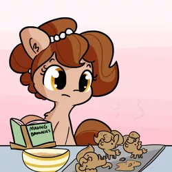 Size: 1650x1650 | Tagged: safe, artist:tjpones, derpibooru import, oc, oc:brownie bun, earth pony, pony, baking, book, brownies, cooking, female, food, funny, gradient background, jewelry, mare, pun, solo, this will end in burnt brownies, this will end in fire, xk-class end-of-the-kitchen scenario