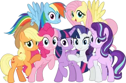 Size: 5512x3612 | Tagged: safe, artist:jhayarr23, derpibooru import, applejack, fluttershy, pinkie pie, rainbow dash, rarity, starlight glimmer, twilight sparkle, twilight sparkle (alicorn), alicorn, earth pony, pegasus, pony, unicorn, the mean 6, applejack's hat, bipedal, c:, cowboy hat, cute, cutie mark, female, flying, grin, hat, hug, lidded eyes, looking at you, mane six, mare, open mouth, raised hoof, simple background, smiling, spread wings, transparent background, vector, wide eyes, wings