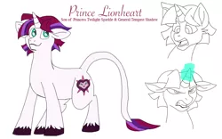 Size: 800x500 | Tagged: safe, artist:zee-stitch, derpibooru import, oc, oc:prince lionheart, unofficial characters only, classical unicorn, pony, unicorn, cloven hooves, floppy ears, glowing horn, leonine tail, magical lesbian spawn, male, offspring, parent:tempest shadow, parent:twilight sparkle, parents:tempestlight, simple background, solo, stallion, unshorn fetlocks, white background