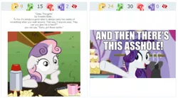 Size: 465x256 | Tagged: deep thoughts, derpibooru, derpibooru import, edit, edited screencap, exploitable meme, floppy ears, hoof on chin, image macro, juxtaposition, juxtaposition win, meme, meta, obligatory pony, ponyville confidential, rarity, safe, screencap, sudden clarity sweetie belle, sweetie belle, vulgar