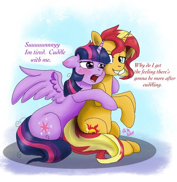 Size: 800x820 | Tagged: safe, artist:fallenangel5414, derpibooru import, sunset shimmer, twilight sparkle, twilight sparkle (alicorn), alicorn, cuddling, cute, female, lesbian, shipping, sunsetsparkle, tired, twiabetes