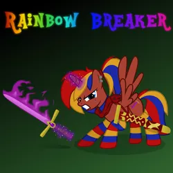 Size: 1080x1080 | Tagged: safe, artist:tacobender, derpibooru import, oc, oc:rainbow breaker, unofficial characters only, alicorn, pegasus, pony, unicorn, alicorn oc, brown coat, clothes, commission, female, fire, flaming sword, green background, mare, piercing, pigtails, princess, purple magic, rainbow, simple background, socks, socks (coat marking), solo, sword, vector, weapon