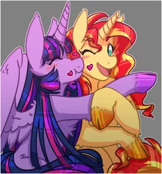 Size: 1134x1218 | Tagged: safe, artist:pastel-pony-pictures, deleted from derpibooru, derpibooru import, sunset shimmer, twilight sparkle, twilight sparkle (alicorn), alicorn, pony, unicorn, blushing, cute, eyes closed, female, happy, heart, kiss on the cheek, kissing, lesbian, mare, shipping, simple background, sunsetsparkle