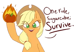 Size: 1979x1403 | Tagged: safe, artist:notenoughapples, derpibooru import, applejack, earth pony, pony, apple, appleball, burning, cowboy hat, dialogue, female, fire, food, hat, looking at you, simple background, smiling, solo, some mares just want to watch the world burn, stetson, transparent background