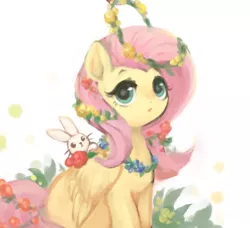 Size: 654x596 | Tagged: safe, artist:kei05, derpibooru import, angel bunny, fluttershy, pegasus, pony, female, floral head wreath, flower, flower in hair, looking at you, mare