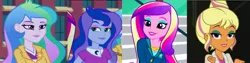 Size: 3008x760 | Tagged: safe, derpibooru import, chestnut magnifico, princess cadance, princess celestia, princess luna, equestria girls, dean cadance, flirting, principal celestia, vice principal luna