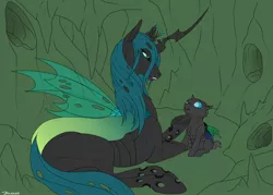 Size: 1280x914 | Tagged: artist:backlash91, cave, changeling, changeling queen, cheer up, child, couple, cuteling, derpibooru import, female, hive, looking at each other, mommy chrissy, nymph, queen chrysalis, safe, sitting, underhoof