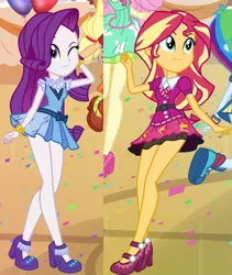 Size: 722x856 | Tagged: safe, artist:charliexe, derpibooru import, rarity, sunset shimmer, equestria girls, friendship games, bracelet, clothes, cropped, cute, duo, duo female, female, flirting, high heels, jewelry, legs, miniskirt, one eye closed, schrödinger's pantsu, sexy, shoes, show accurate, skirt, wink