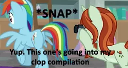 Size: 1265x676 | Tagged: suggestive, derpibooru import, edit, screencap, crackle cosette, queen chrysalis, rainbow dash, pegasus, pony, unicorn, the mean 6, camera, caption, clop, cringe compilation, disguise, disguised changeling, fap folder, female, image macro, implied lesbian, implied voyeurism, mare, meme, needs more jpeg, out of context, plot