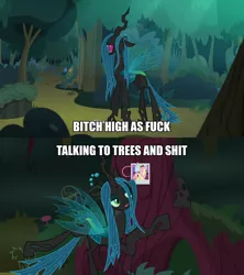 Size: 1920x2160 | Tagged: changeling, changeling queen, derpibooru import, edit, edited screencap, everfree forest, female, fluttershy, former queen chrysalis, hair, image macro, implied drug use, laughing, meme, queen chrysalis, safe, screencap, solo, the mean 6, tree, vulgar