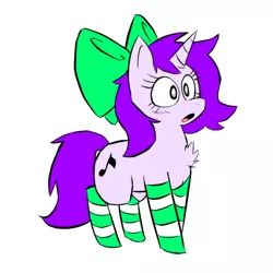 Size: 538x538 | Tagged: safe, artist:doodlegamertj, derpibooru import, oc, oc:mable syrup, unofficial characters only, unicorn, blind, bow, chest fluff, clothes, simple background, socks, solo, striped socks, white background