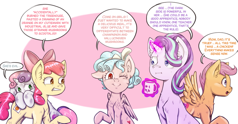 Size: 1300x678 | Tagged: safe, artist:brother-lionheart, derpibooru import, apple bloom, cozy glow, scootaloo, starlight glimmer, sweetie belle, earth pony, pegasus, pony, unicorn, marks for effort, bow, coffee mug, comic, cutie mark, cutie mark crusaders, empathy cocoa, evil, female, filly, foal, food, glowing horn, hallucination, high, high as fuck, i mean i see, magic, magic aura, mare, mug, one eye closed, orange, pure concentrated unfiltered evil of the utmost potency, pure unfiltered evil, quintet, rule of two, scared, scootachicken, shrooms, sith, sithlight glimmer, slice of life, speech bubble, star wars, telekinesis, the cmc's cutie marks, wink