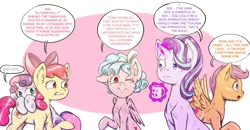 Size: 1300x678 | Tagged: safe, artist:brother-lionheart, derpibooru import, apple bloom, cozy glow, scootaloo, starlight glimmer, sweetie belle, earth pony, pegasus, pony, unicorn, marks for effort, bow, coffee mug, comic, cutie mark, cutie mark crusaders, empathy cocoa, evil, female, filly, foal, food, glowing horn, hallucination, high, high as fuck, i mean i see, magic, magic aura, mare, mug, one eye closed, orange, pure concentrated unfiltered evil of the utmost potency, pure unfiltered evil, quintet, rule of two, scared, scootachicken, shrooms, sith, sithlight glimmer, slice of life, speech bubble, star wars, telekinesis, the cmc's cutie marks, wink