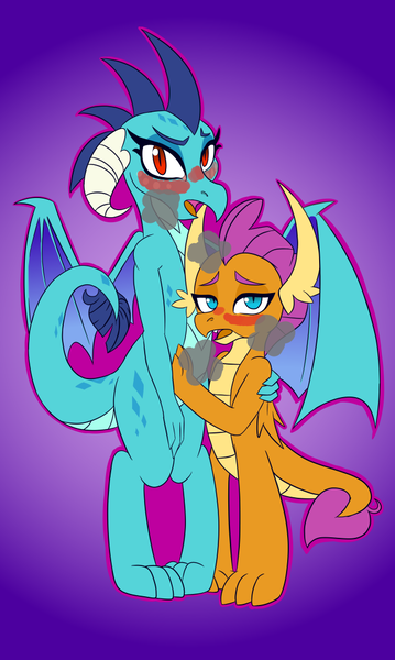 Size: 646x1080 | Tagged: suggestive, artist:niggerdrawfag, derpibooru import, princess ember, smolder, dragon, blushing, dragoness, duo, female, females only, wings