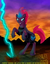 Size: 1024x1325 | Tagged: safe, artist:wolfenm, derpibooru import, tempest shadow, pony, unicorn, my little pony: the movie, armor, broken horn, cloud, cloudy, eye scar, female, frown, glowing horn, lightning, magic, mare, open mouth, rearing, scar, solo, sparking horn