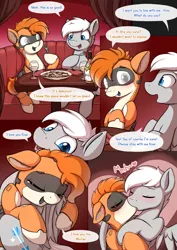Size: 1060x1500 | Tagged: safe, artist:theparagon, derpibooru import, oc, oc:kiva, oc:snowy, pony, robot, robot pony, alcohol, blushing, crying, eyes closed, female, food, fork, glass, hug, kissing, looking at each other, love, male, oc x oc, pasta, shipping, sitting, smiling, snowva, straight, table, tears of joy, wine, wine glass
