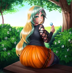 Size: 1200x1213 | Tagged: artist:racoonsan, beautiful, bench, bush, clothes, cute, derpibooru import, female, horned humanization, human, humanized, large butt, looking at you, looking back, looking back at you, moe, oc, oc:astraea, safe, skirt, socks, solo, thigh highs, thighs, tree, unofficial characters only, zettai ryouiki