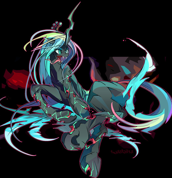 Size: 1600x1662 | Tagged: artist:tyuubatu, black background, changeling, crown, derpibooru import, female, jewelry, queen chrysalis, regalia, safe, simple background, solo