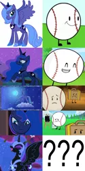 Size: 3000x6000 | Tagged: artist:ilovethetalkingclock, baseball (inanimate insanity), comparison, derpibooru import, edit, edited screencap, fridge horror, friendship is magic, glare, inanimate insanity, lunaball, luna eclipsed, nightmare moon, op has a point, princess luna, princess twilight sparkle (episode), s1 luna, safe, screencap, spoiler:inanimate insanity, spoilers for another series, suitcase (inanimate insanity)