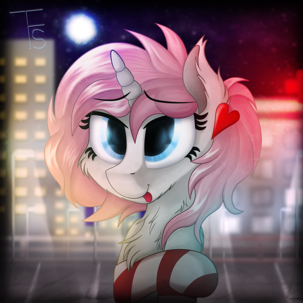 Size: 2400x2400 | Tagged: safe, artist:thefunnysmile, derpibooru import, oc, oc:doctor heart, unofficial characters only, blurry, bust, chest fluff, city, clothes, doctor, fluffy, heart, hospital, lens flare, medic, night, portrait, socks, solo, striped socks, tongue out