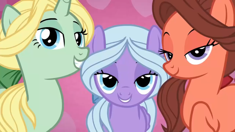 Size: 1366x768 | Tagged: safe, derpibooru import, screencap, dear darling, fond feather, swoon song, pony, hard to say anything, background pony, battle for sugar belle, bedroom eyes, bimbettes, female, flirting, mare, trio, trio female