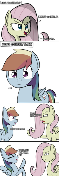 Size: 1448x4273 | Tagged: safe, artist:artiks, derpibooru import, fluttershy, mean fluttershy, mean rainbow dash, pegasus, pony, the mean 6, clone, comic, cute, dashabetes, dialogue, duo, duo female, evil rainbow dash, female, mean dashabetes, mean shyabetes, shyabetes, simple background, unrainbow, white background