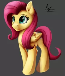 Size: 1600x1855 | Tagged: safe, artist:ac-whiteraven, derpibooru import, fluttershy, pegasus, pony, female, folded wings, mare, simple background, smiling, solo, standing, three quarter view, wings