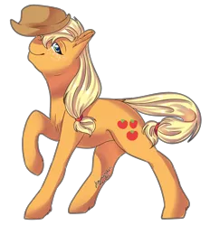 Size: 1280x1378 | Tagged: safe, artist:dreamcatcher, derpibooru import, applejack, earth pony, pony, cowboy hat, cutie mark, female, freckles, hat, looking at you, mare, outline, raised hoof, simple background, smiling, solo, stetson, transparent background, trick