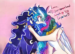 Size: 712x512 | Tagged: alicorn, alicorns only, artist:greyscaleart, colored, color edit, derpibooru import, dialogue, duo, duo female, edit, female, mare, paintschainer, princess celestia, princess luna, royal sisters, safe
