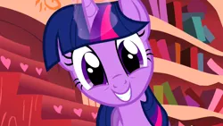 Size: 1920x1080 | Tagged: safe, derpibooru import, screencap, twilight sparkle, pony, unicorn, look before you sleep, adorkable, bookhorse, bookworm, cute, dork, excited, female, glowing horn, golden oaks library, grin, happy, head tilt, looking at you, magic, magic glow, mane, mare, purple smart, smiling, solo, squee, twiabetes, unicorn twilight