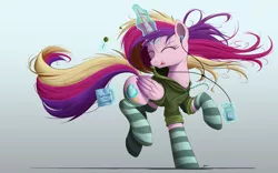 Size: 2000x1248 | Tagged: safe, artist:ncmares, derpibooru import, princess cadance, alicorn, pony, ask majesty incarnate, candy, clothes, cute, cutedance, dancing, earbuds, eyes closed, female, food, glowing horn, headphones, hoodie, ipod, jacket, levitation, listening, lollipop, magic, majestic as fuck, mare, mug, music, ncmares is trying to murder us, nose wrinkle, signature, simple background, socks, solo, striped socks, telekinesis, tongue out, white background