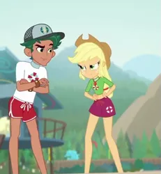 Size: 485x525 | Tagged: safe, derpibooru import, screencap, applejack, timber spruce, equestria girls, equestria girls series, turf war, booty shorts, cap, clothes, cropped, female, geode of super strength, hat, lifeguard timber, male, shorts, swimsuit