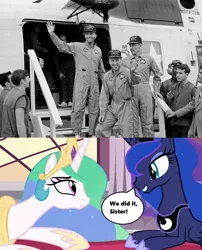 Size: 1280x1582 | Tagged: apollo 13, a royal problem, astronaut, canterlot castle, cropped, crown, derpibooru import, dialogue, edit, edited screencap, fred haise, history, human, implied rescue, irl, jack swigert, jewelry, jim lovell, photo, princess celestia, princess luna, regalia, relieved, safe, screencap, season 7, smiling, space program, speech bubble, text, waving