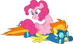 Size: 10550x6400 | Tagged: safe, artist:parclytaxel, derpibooru import, pinkie pie, spitfire, earth pony, pegasus, pony, secrets and pies, .svg available, absurd resolution, clothes, female, flying, goggles, mare, ponies riding ponies, simple background, sitting, transparent background, uniform, vector, wonderbolts uniform