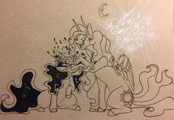 Size: 1280x883 | Tagged: safe, artist:greyscaleart, derpibooru import, princess celestia, princess luna, alicorn, pony, constellation, constellation freckles, cute, female, luna is not amused, mare, monochrome, noogie, royal sisters, simple background, sketch, smiling, supernova, traditional art, unamused