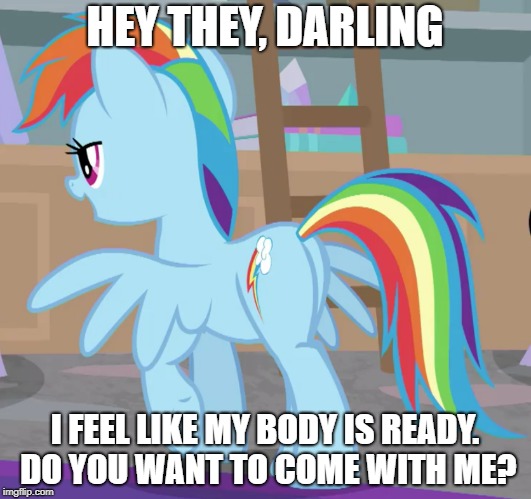 Size: 531x499 | Tagged: bedroom eyes, cropped, derpibooru import, edit, edited screencap, grammar error, image macro, meme, my body is ready, rainbow dash, screencap, solo, suggestive, the mean 6