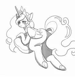 Size: 2300x2354 | Tagged: safe, artist:rd_3024, derpibooru import, princess celestia, alicorn, pony, crown, female, jewelry, looking at you, looking back, looking back at you, mare, monochrome, regalia, solo